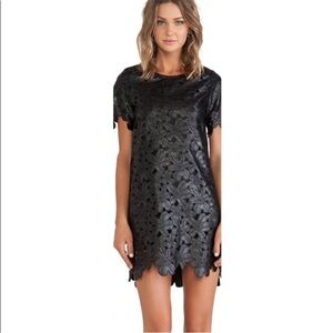 Black Faux Leather Floral Print Dress